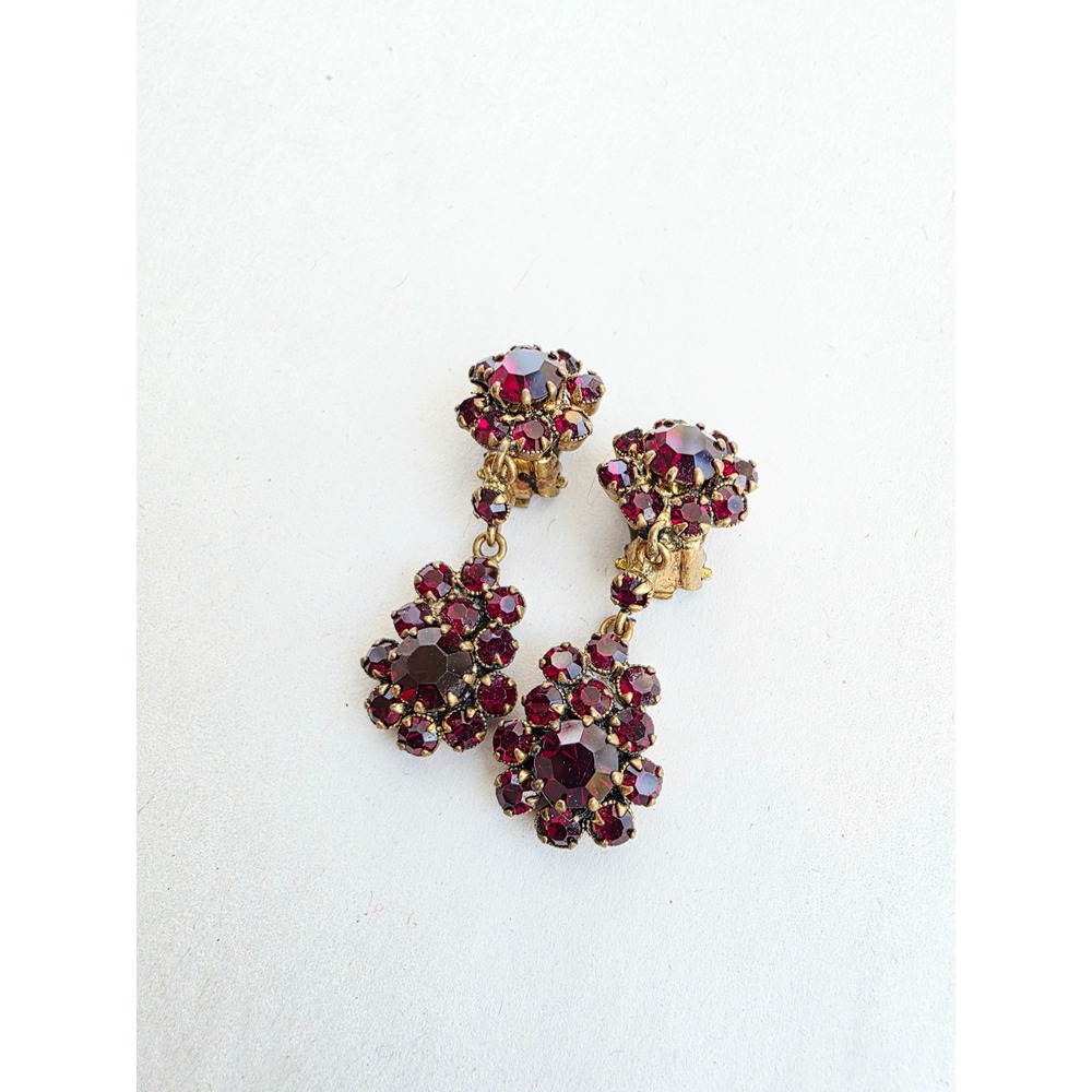 Vintage Red Clip On Drop Earrings Antiqued Brass Bohemian georgian victorian